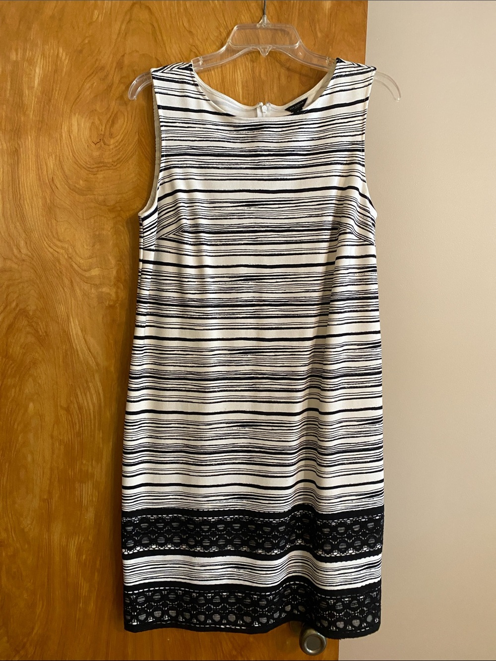 Ann Taylor Black and White Striped Sleeveless Shift Dress with Lace Trim